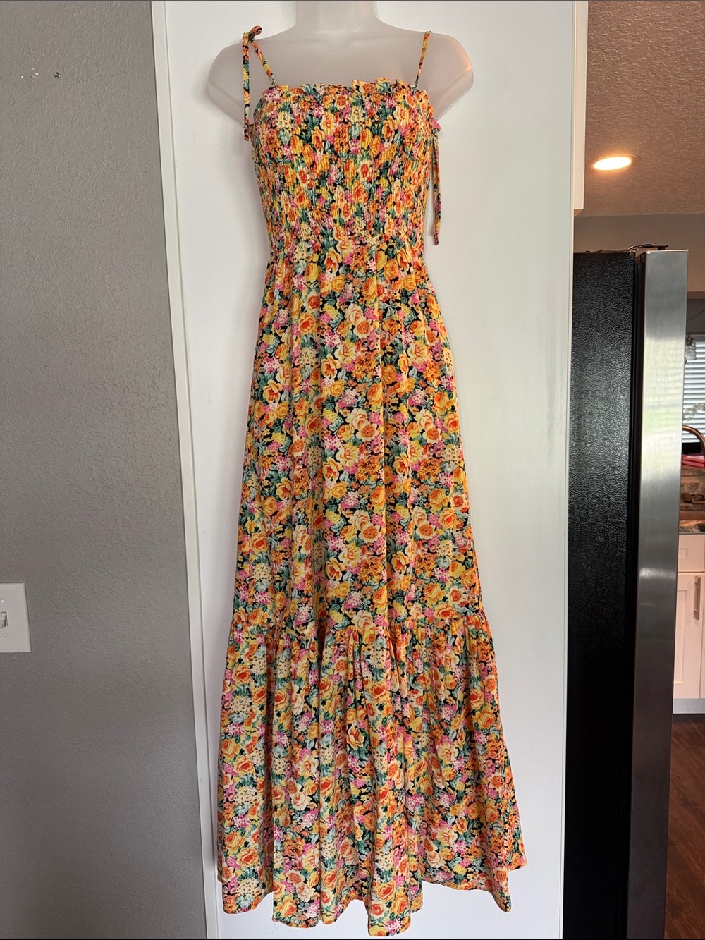 Buddy Love Yellow Floral Smocked Maxi Dress with Tie Straps
